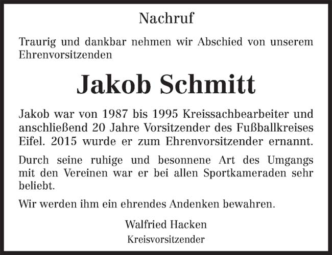 Nachruf für Jakob Schmitt vom Fußballkreis Eifel im Trierischer_volksfreund