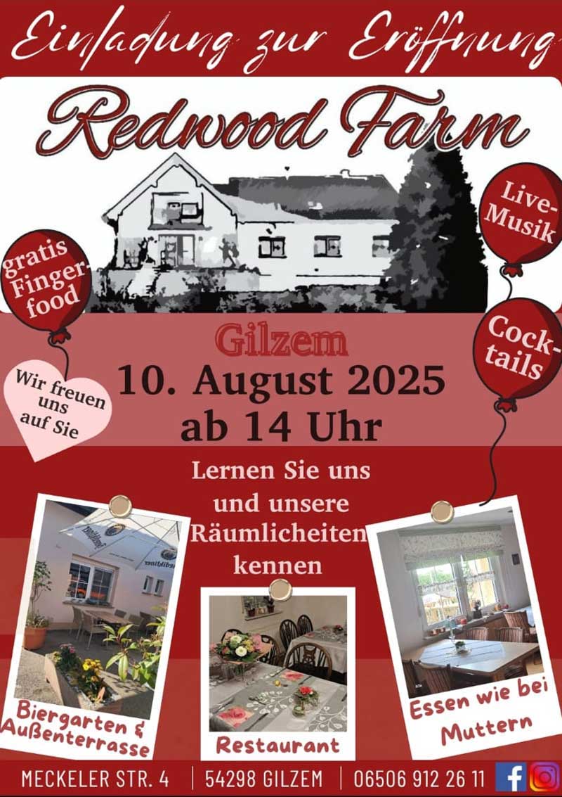  Einladung zur Eröffnung der Redwood Farm am 10.08.2025 in Gilzem