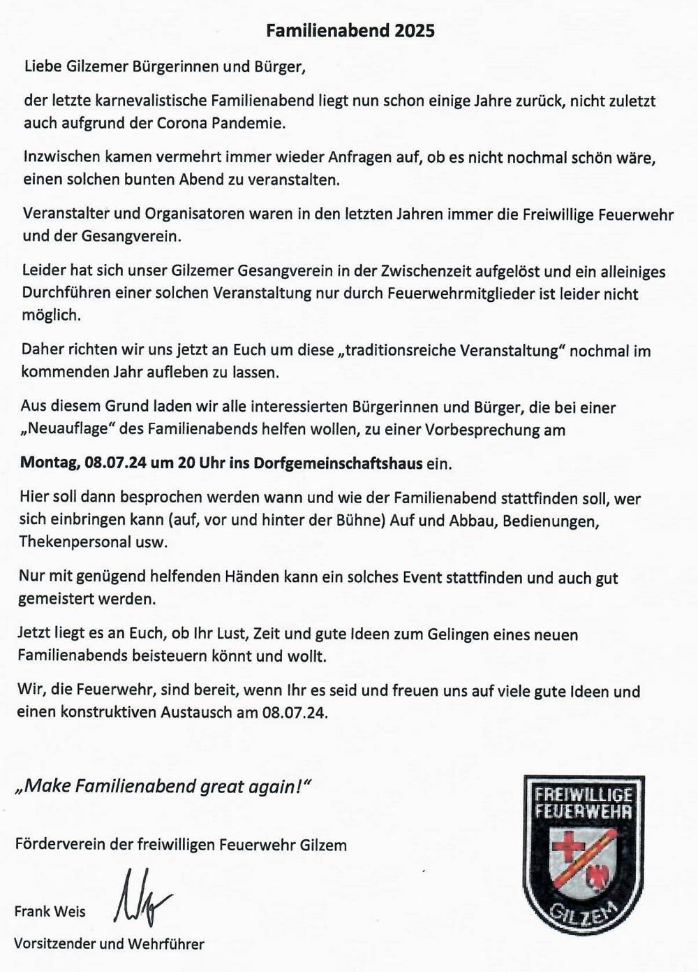 Aufruf des Fördervereins der Freiwilligen Feuerwehr Gilzem zur Neuauflage des traditionellen Familienabends